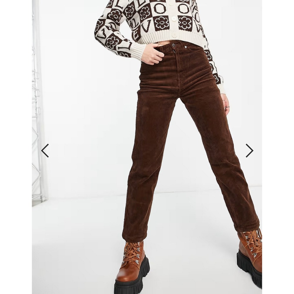 MONKI Straight Cord Pants in Brown ASOS High Rise Trouser size EU 34 / US 2